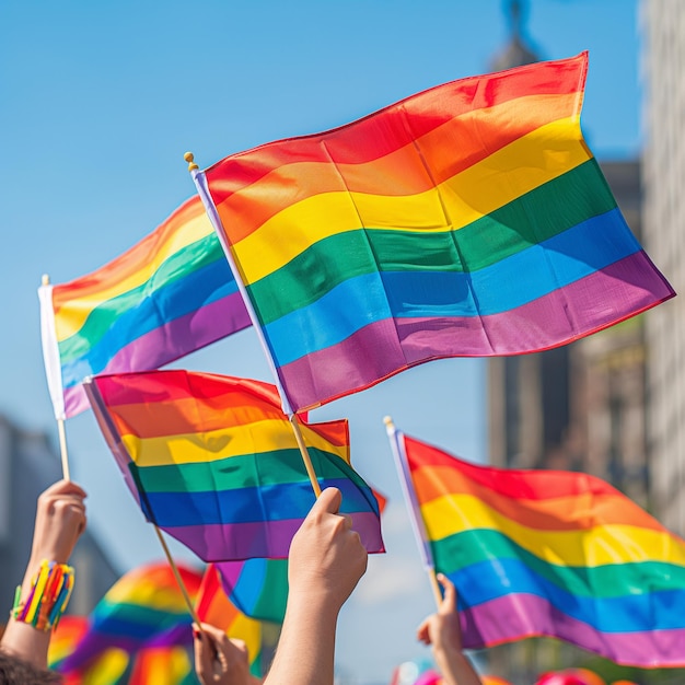 a group of people holding flags that say rainbow