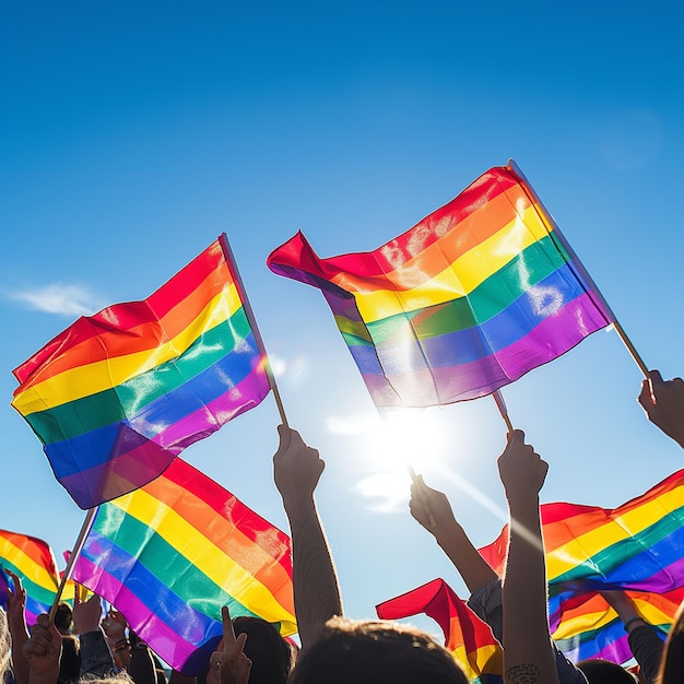 a group of people holding flags that say rainbow