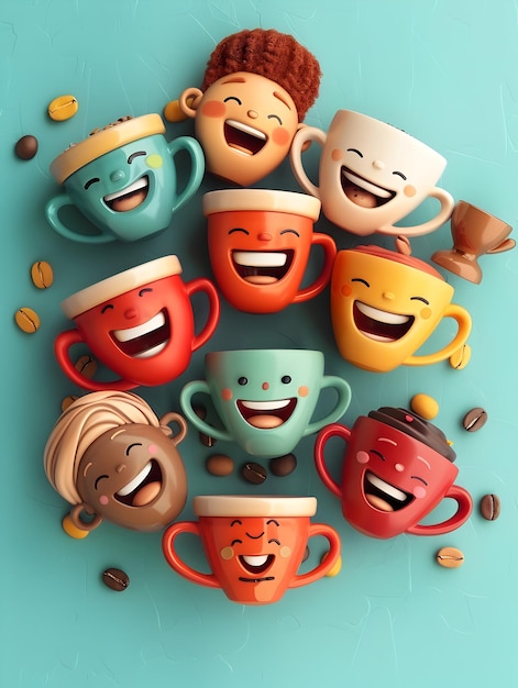 A group of people holding floating coffee cups with joyful expressions on white background ideal fo