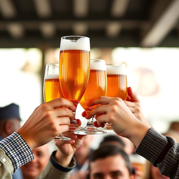 Photo a group of people holding glasses of beer and toasting with the word quot were on it quot