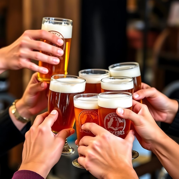 Photo a group of people holding glasses of beer with the logo on it