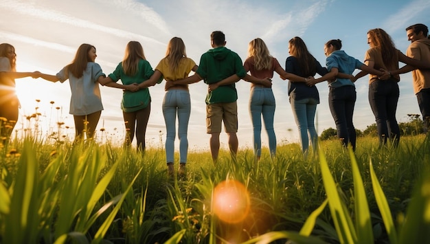 a group of people holding hands in a field with the sun behind them