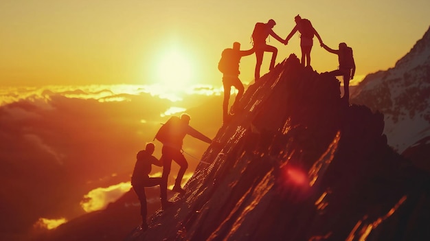 Group of People Holding Hands on Mountain Top at Sunset Unity and Achievement in Scenic Adventure