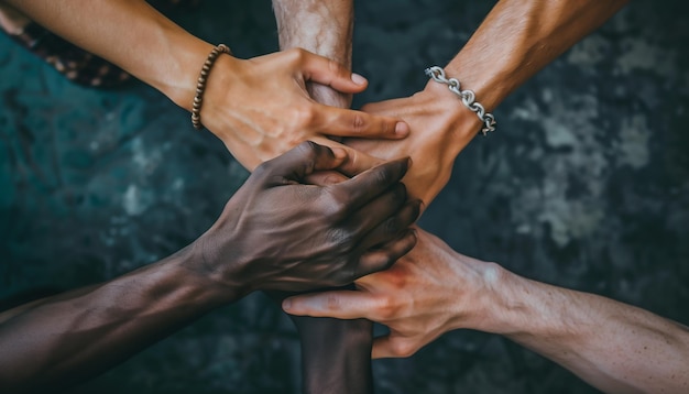 a group of people holding hands together