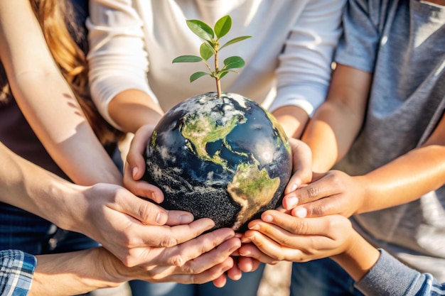 Photo a group of people holding hands and a tree with the earth in the background