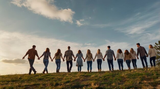 a group of people holding hands and walking in a line