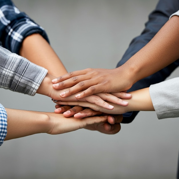 a group of people holding hands with one that sayss quot on it