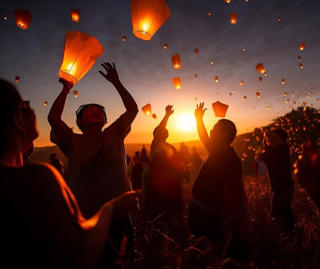 A group of people holding lanterns that say'i love you '