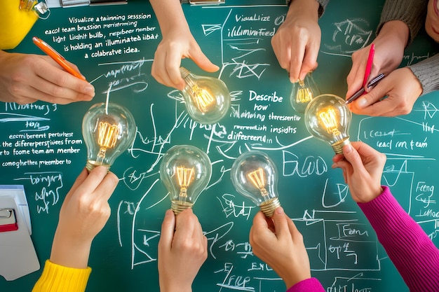 Photo group of people holding light bulbs on a chalkboard with brainstorming notes