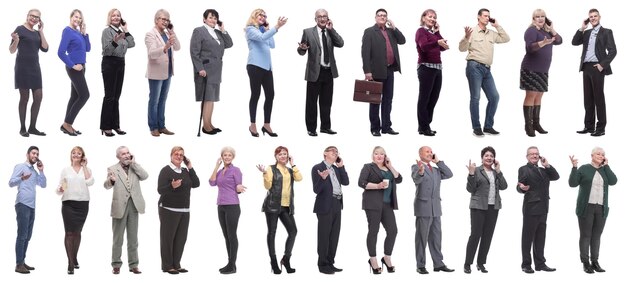 Group of people holding phone in hand isolated