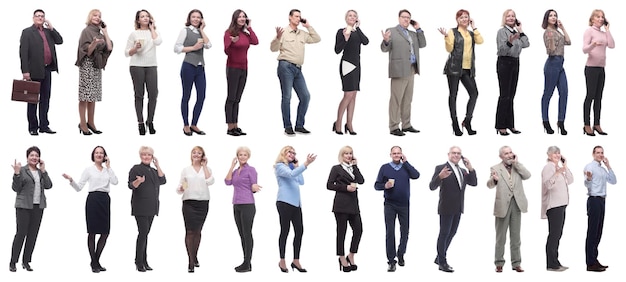 Group of people holding phone in hand isolated