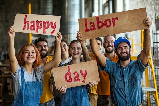 Photo a group of people holding placards and holding signs that say happy day