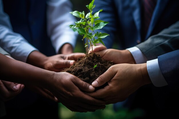 A group of people holding a plant in their hands