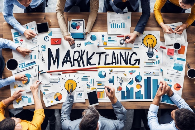 a group of people holding a sign that says quot marketing quot