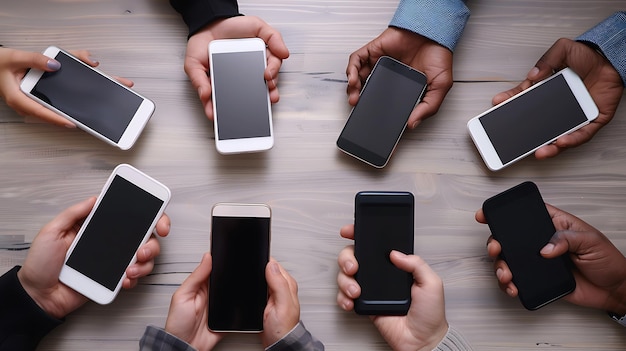 a group of people holding smart phones with one showing the number of different apps