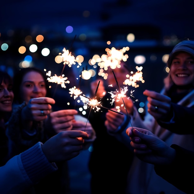 Photo group of people holding sparklers with the word sparklers in the background