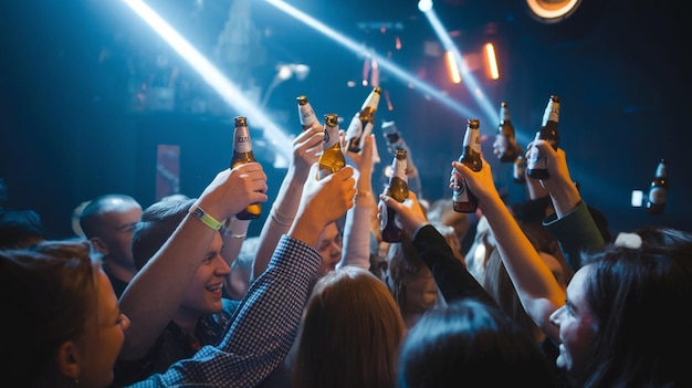 a group of people holding up beer bottles in a club