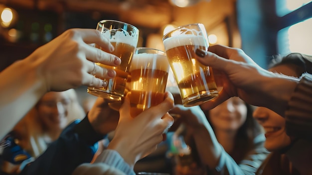 a group of people holding up beer glasses with the words quot happy birthday quot on the top