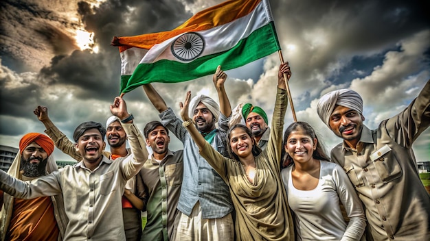 Photo a group of people holding up a flag that says india