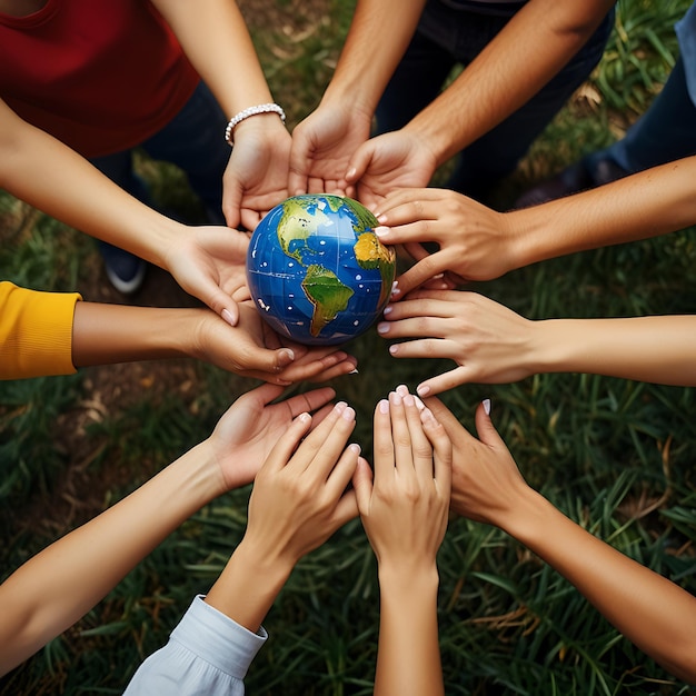 a group of people holding up a globe with the world around it