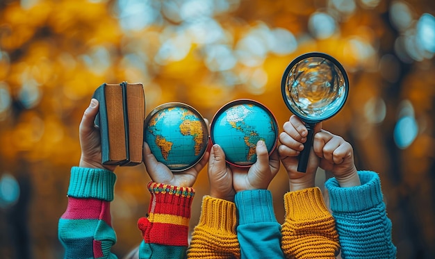 a group of people holding up a globe with the world in the background