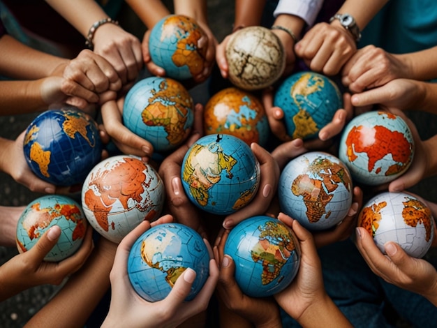 a group of people holding up a group of people holding up a globe of the world