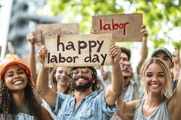 a group of people holding up signs that say happy day