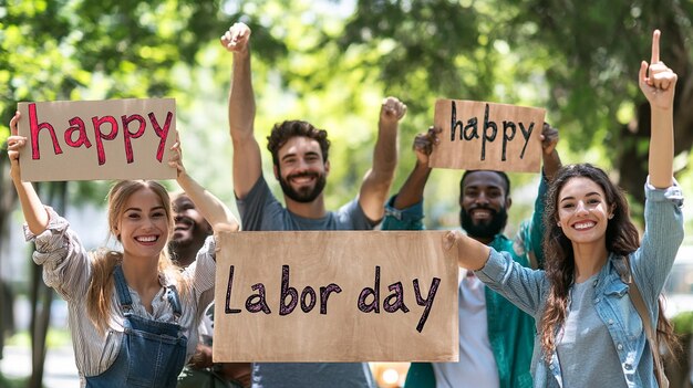 a group of people holding up signs that say happy day