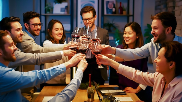 a group of people holding wine glasses one of which is wearing a suit