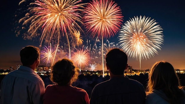 A group of people huddled together watching fireworks celebrating a festive evening outdoors