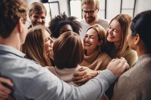 Group of people hugging in a circle in a therapy session