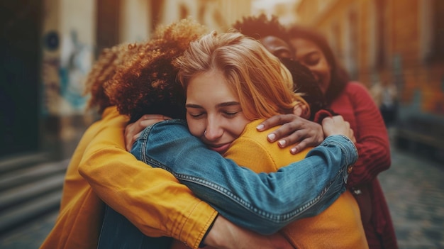 a group of people hugging and hugging