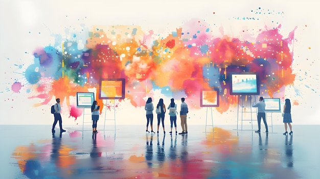 A group of people interacting with watercolor financial dashboards and laptops on a dreamy backgroun