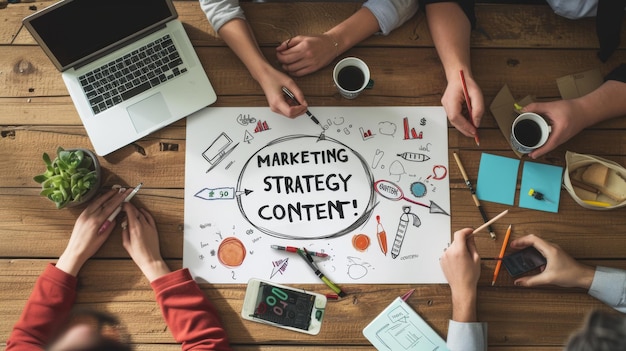 group of people is engaged in a collaborative brainstorming session around a table covered with marketing strategy diagrams