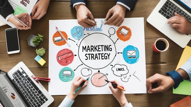 group of people is engaged in a collaborative brainstorming session around a table covered with marketing strategy diagrams