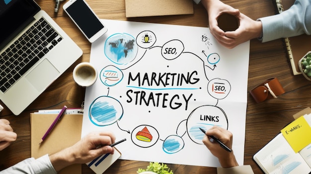 Photo group of people is engaged in a collaborative brainstorming session around a table covered with marketing strategy diagrams