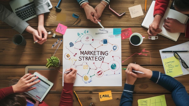 group of people is engaged in a collaborative brainstorming session around a table covered with marketing strategy diagrams