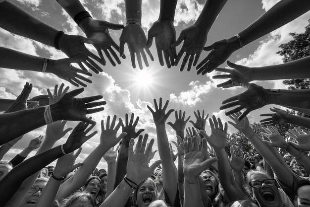 Photo group of people joining their hands