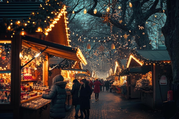 A group of people joyfully strolling down a beautifully decorated street filled with shimmering Christmas lights A festive Christmas market illuminated with fairy lights AI Generated