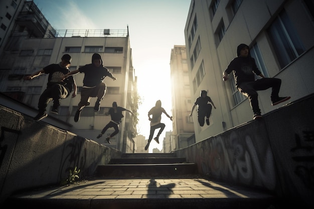 A group of people jump in the air on a street.