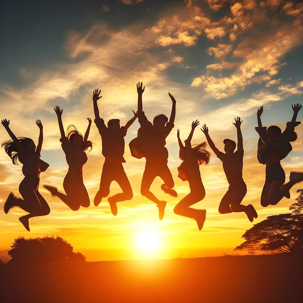 a group of people jumping in the air with the sun behind them