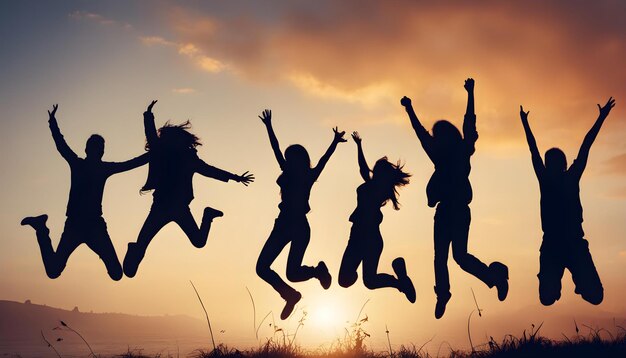 a group of people jumping in the air with the sun behind them