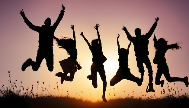 a group of people jumping in the air with the sun behind them