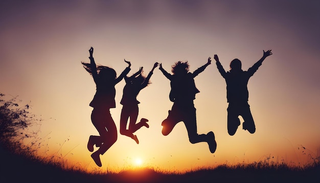 a group of people jumping in the air with the sun behind them