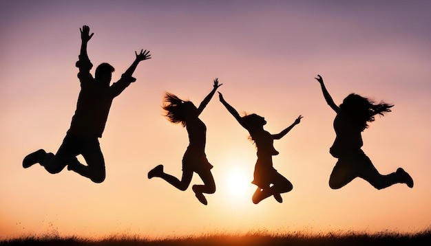 a group of people jumping in the air with the sun behind them