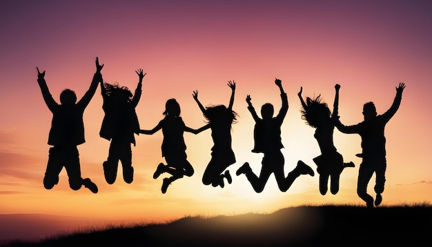 a group of people jumping in the air with their arms up in the air