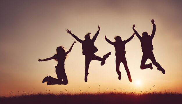 a group of people jumping in the air with their arms up in the air