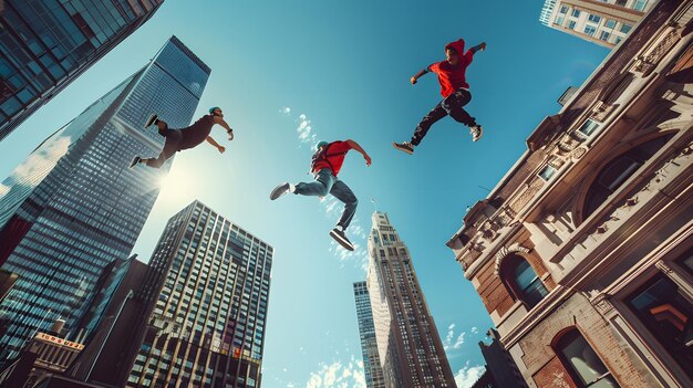 Photo a group of people jumping in the air with the word  t  on the bottom