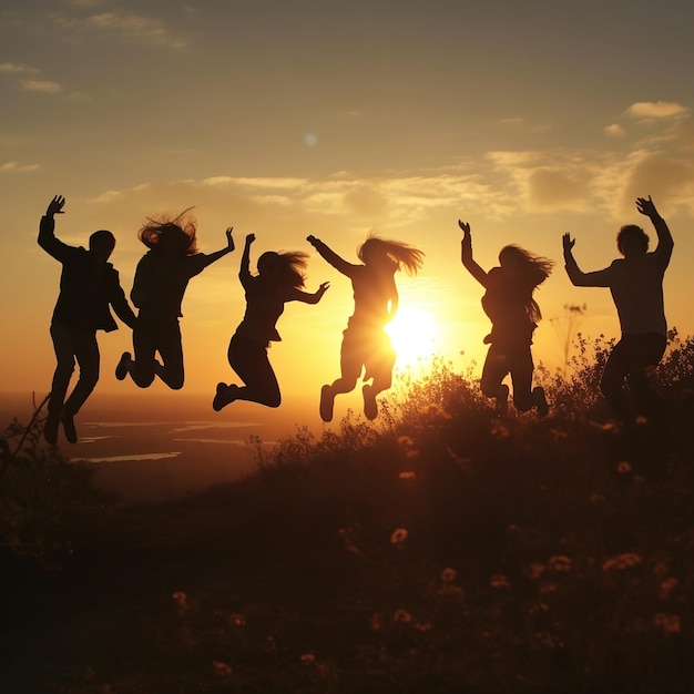 Group of people jumping on beach at sunset Generative AI