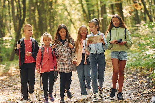 Group of people Kids in green forest at summer daytime together